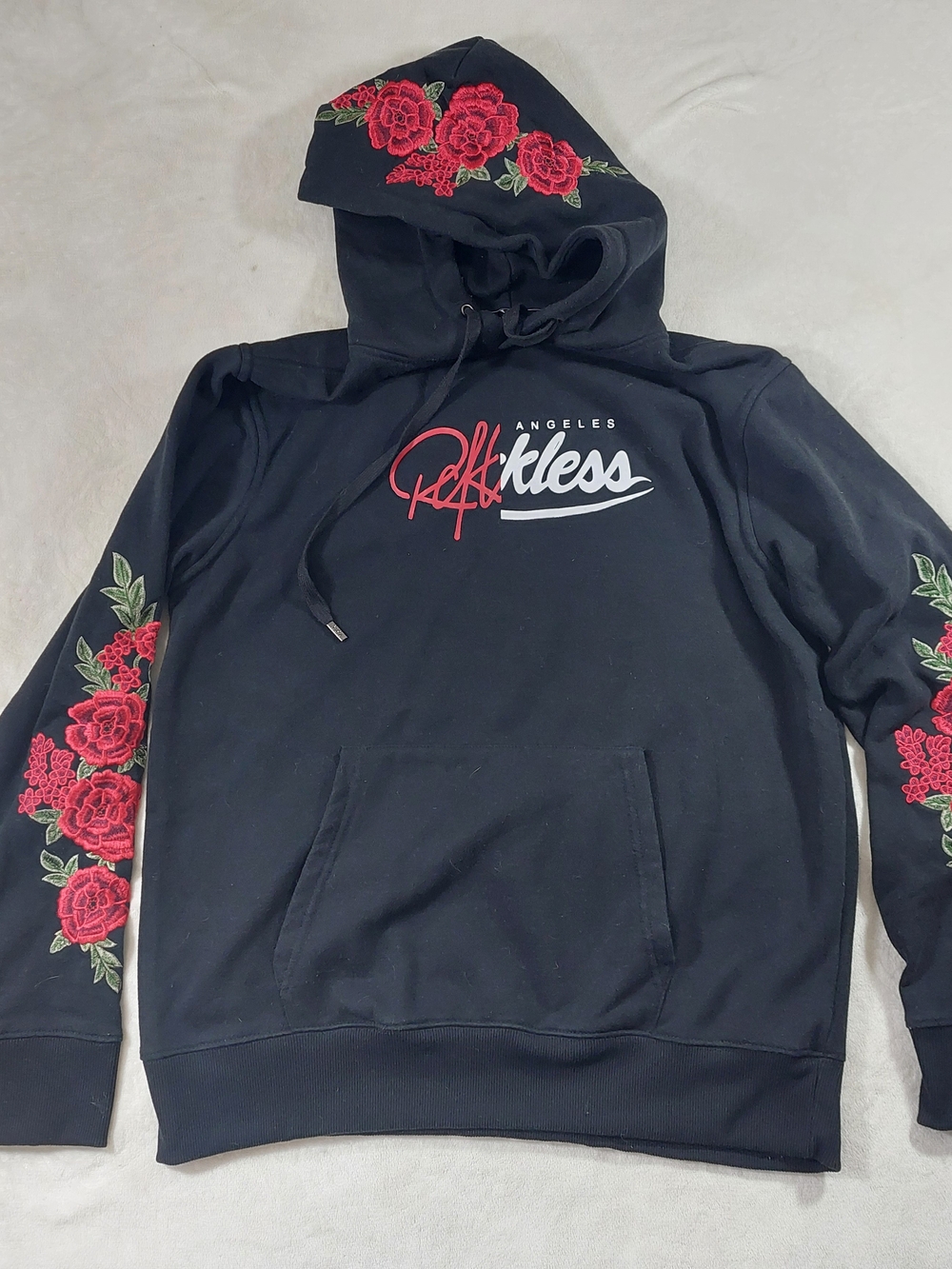 Men's Black Hoodie with Red Rose Embroidery